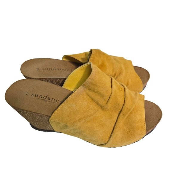 Sundance Mustard Suede Slip On Wedge Sandals Size 37/6 - Picture 1 of 7